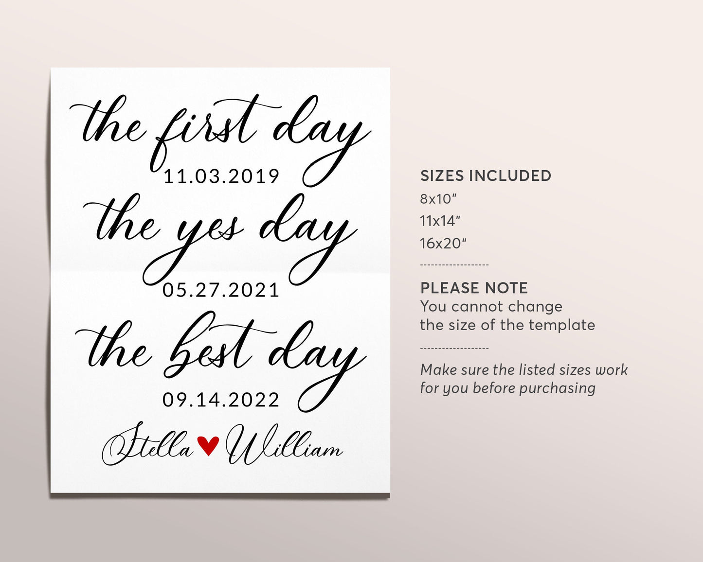 The First Day The Yes Day The Best Day Sign Editable Template, Minimalist Wedding Sign, Modern Anniversary, Wedding Decor Gift, Anniversary