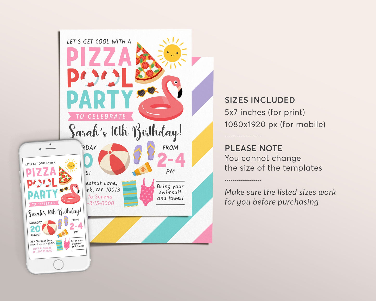 Pizza Pool Party Birthday Invitation Editable Template, Girl Swimming Summer Themed Evite, Pizza Party Bash Splish Splash Digital Invitation