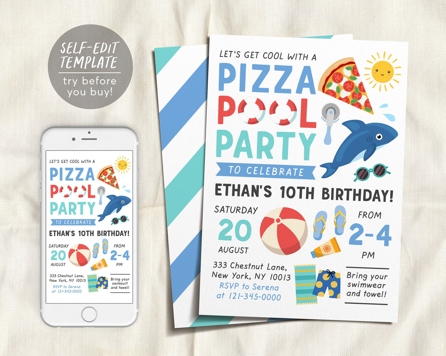 Pizza Pool Party Birthday Invitation Editable Template, Boy Swimming Summer Themed Evite, Pizza Party Bash Splish Splash Digital Invitation