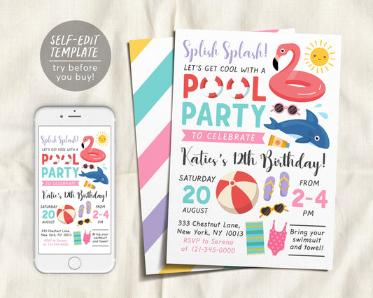 Pool Party Birthday Invitation Editable Template, Splish Splash Girls Pool Party, Flamingo Swimming Summer Themed, Pool Bash Text Electronic