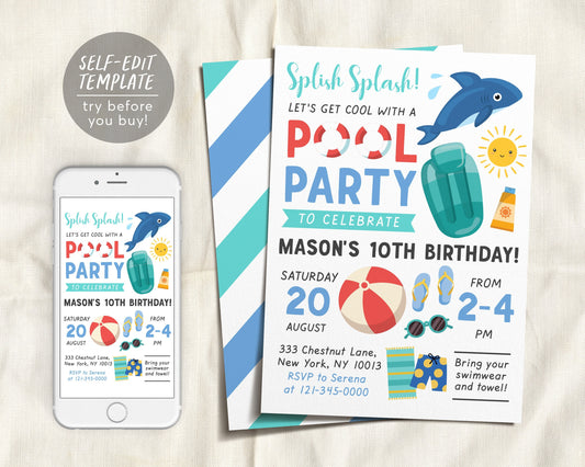 Pool Party Birthday Invitation Editable Template, Splish Splash Boys Pool Party, Shark Swimming Summer Themed, Pool Bash Text Electronic