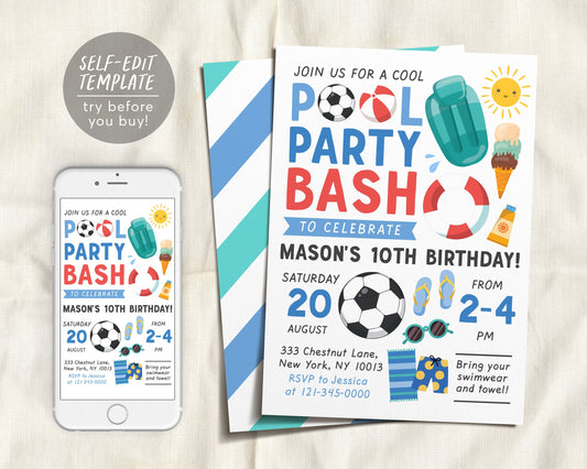 Soccer Pool Party Invitation Editable Template, Sports Summer Birthday Boy, BBQ Swimming Summer Themed, Pool Bash Text Electronic Evite