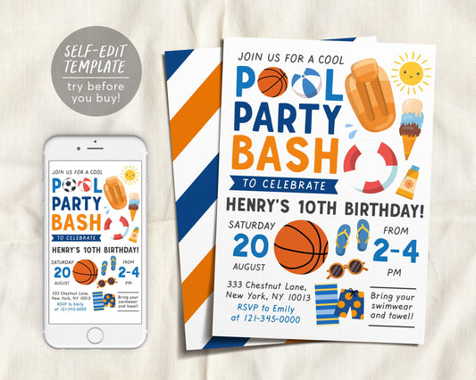 Basketball Pool Party Invitation Editable Template, Sports Boys Summer Pool Birthday, BBQ Swimming Themed, Pool Bash Text Electronic Evite
