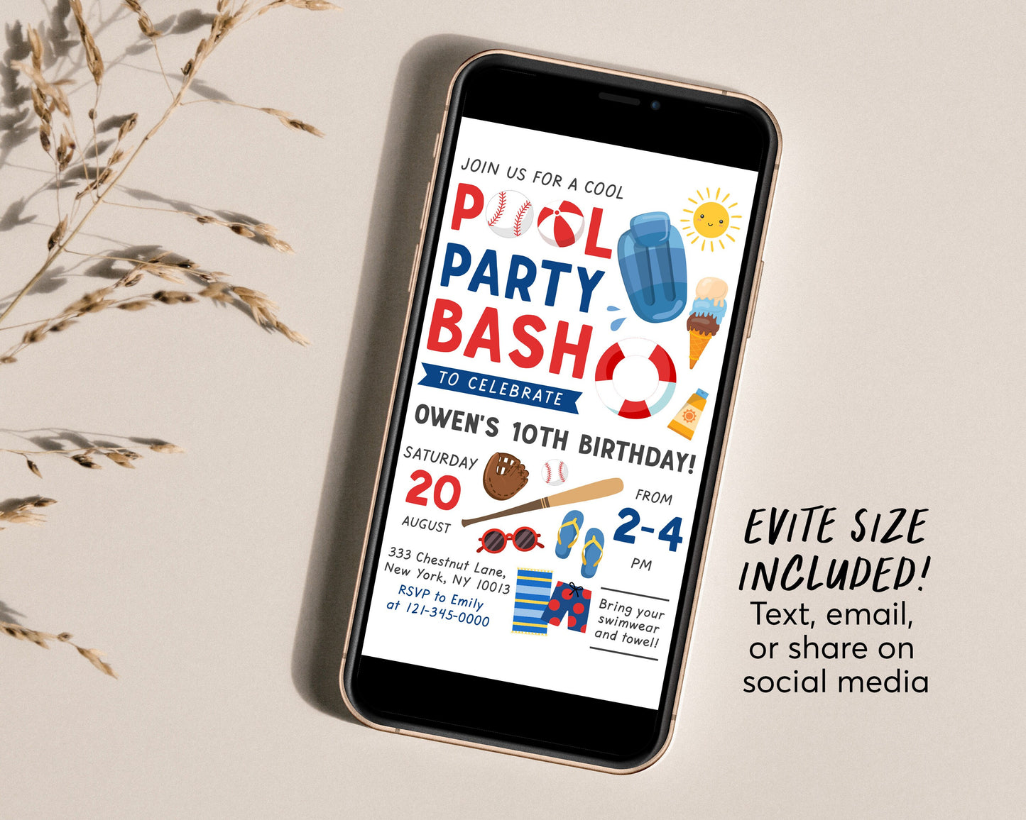 Baseball Pool Party Invitation Editable Template, Sports Boys Summer Pool Birthday, BBQ Swimming Themed, Pool Bash Text Electronic Evite