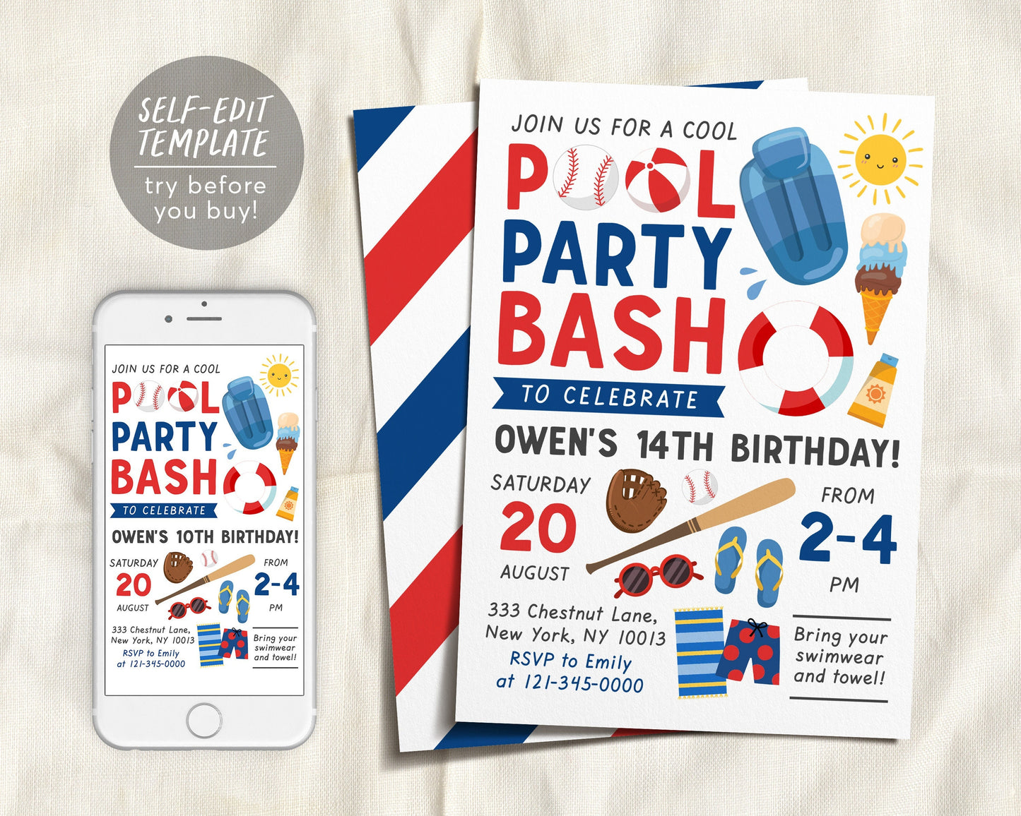 Baseball Pool Party Invitation Editable Template, Sports Boys Summer Pool Birthday, BBQ Swimming Themed, Pool Bash Text Electronic Evite