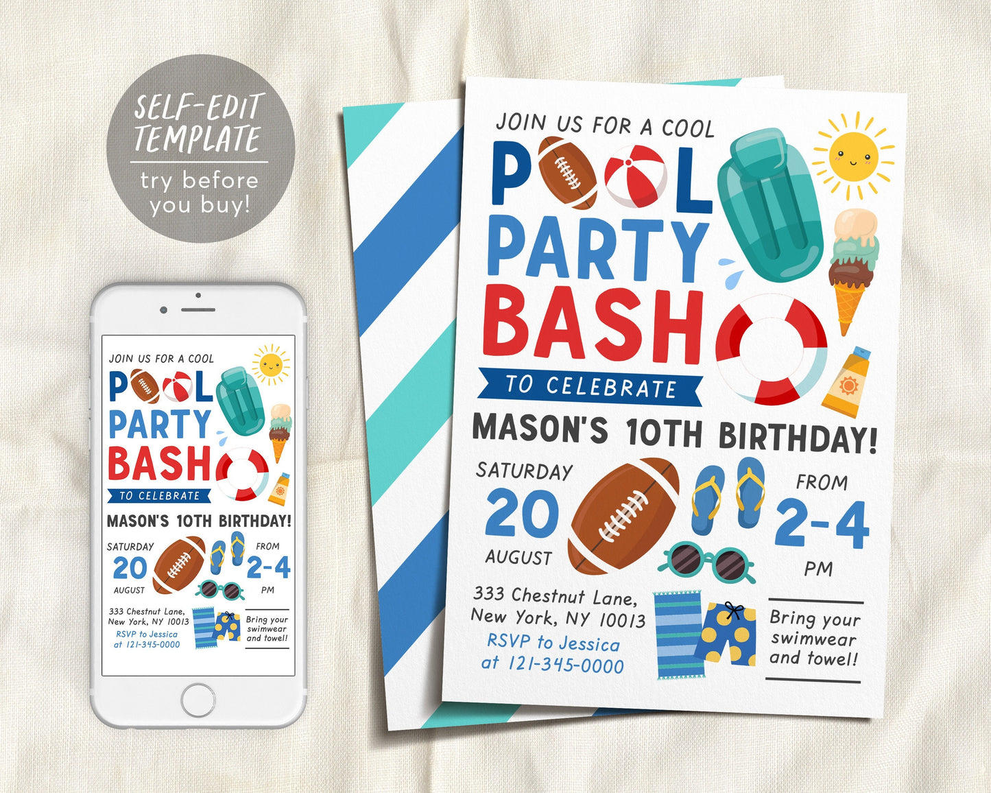 Football Pool Party Invitation Editable Template, Sports Boys Summer Pool Birthday, BBQ Swimming Themed, Pool Bash Text Electronic Evite