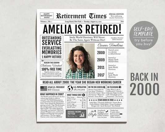 Editable Retirement Celebration Sign, Unique Newspaper Retirement Gifts for Men Women, Dental Hygienist Nurse Gift, History Back in 2000