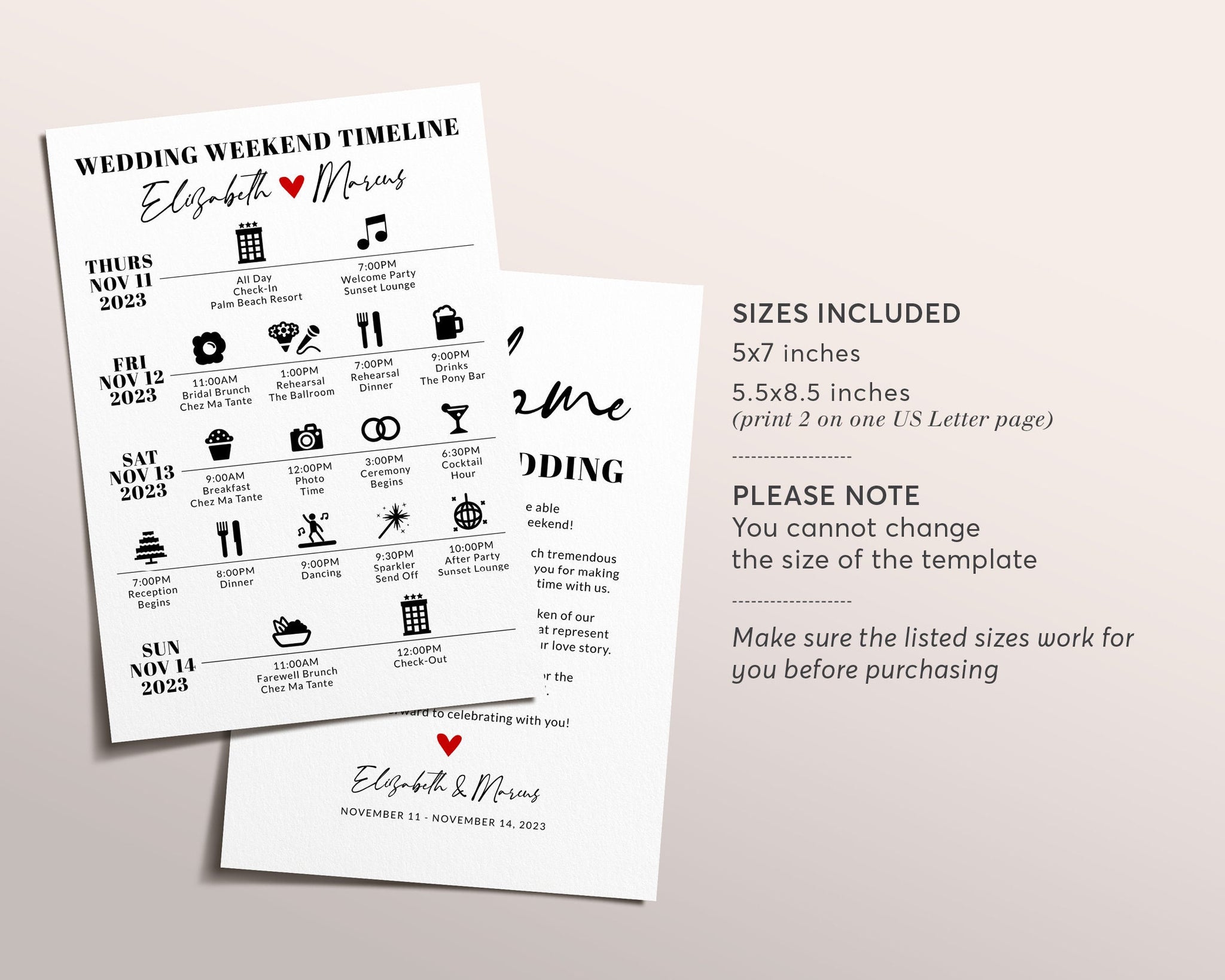 Editable Wedding Weekend Timeline Template, DIY Destination Wedding Sc ...