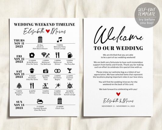 Editable Wedding Weekend Timeline Template, DIY Destination Wedding Schedule Printable, Order of Events, Minimalist Party Agenda Handout