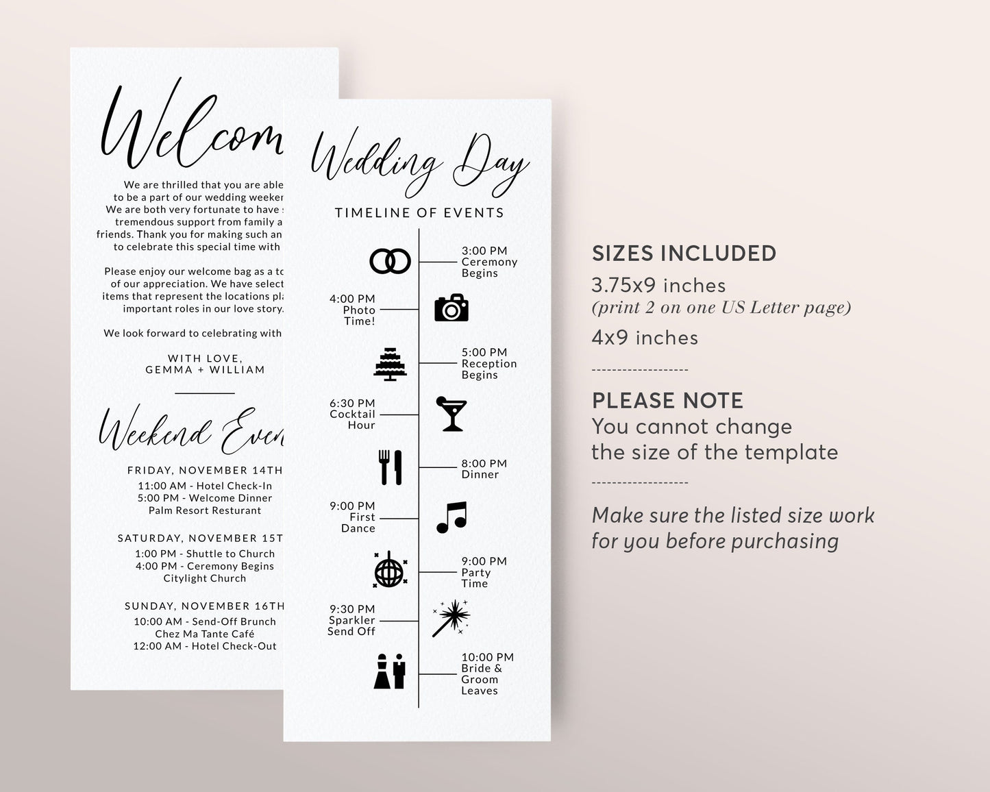 Editable Weekend Events Timeline Template, DIY Destination Events for Wedding Weekend Schedule, Order of Events, Long Welcome Card