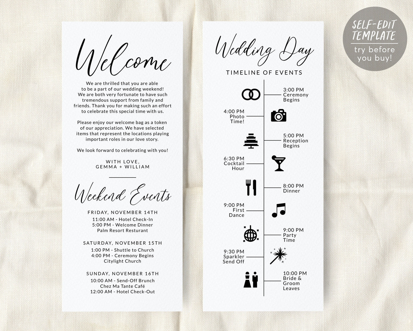 Editable Weekend Events Timeline Template, DIY Destination Events for Wedding Weekend Schedule, Order of Events, Long Welcome Card