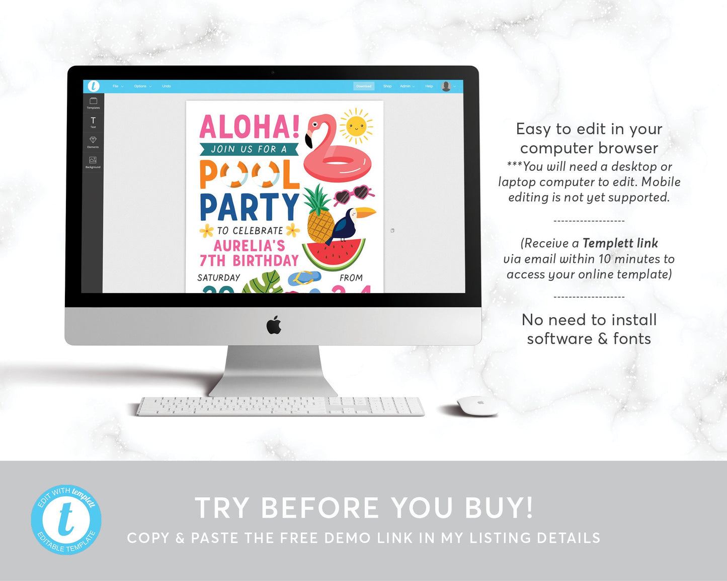 Aloha Pool Party Invitation Editable Template, Tropical Summer Hawaiian Pineapple Luau Swim Themed Party, Birthday Bash Invite Teen Girls
