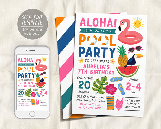 Aloha Pool Party Invitation Editable Template, Tropical Summer Hawaiian Pineapple Luau Swim Themed Party, Birthday Bash Invite Teen Girls