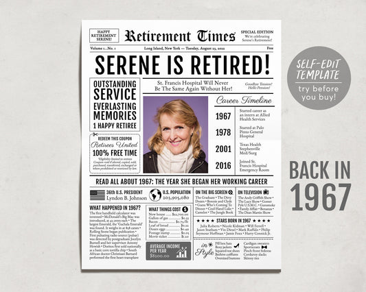 Editable Retirement Gift for Nurse Template, Retirement Gifts For Teacher, Retirement Sign for Firefighter, Newspaper Back in 1967