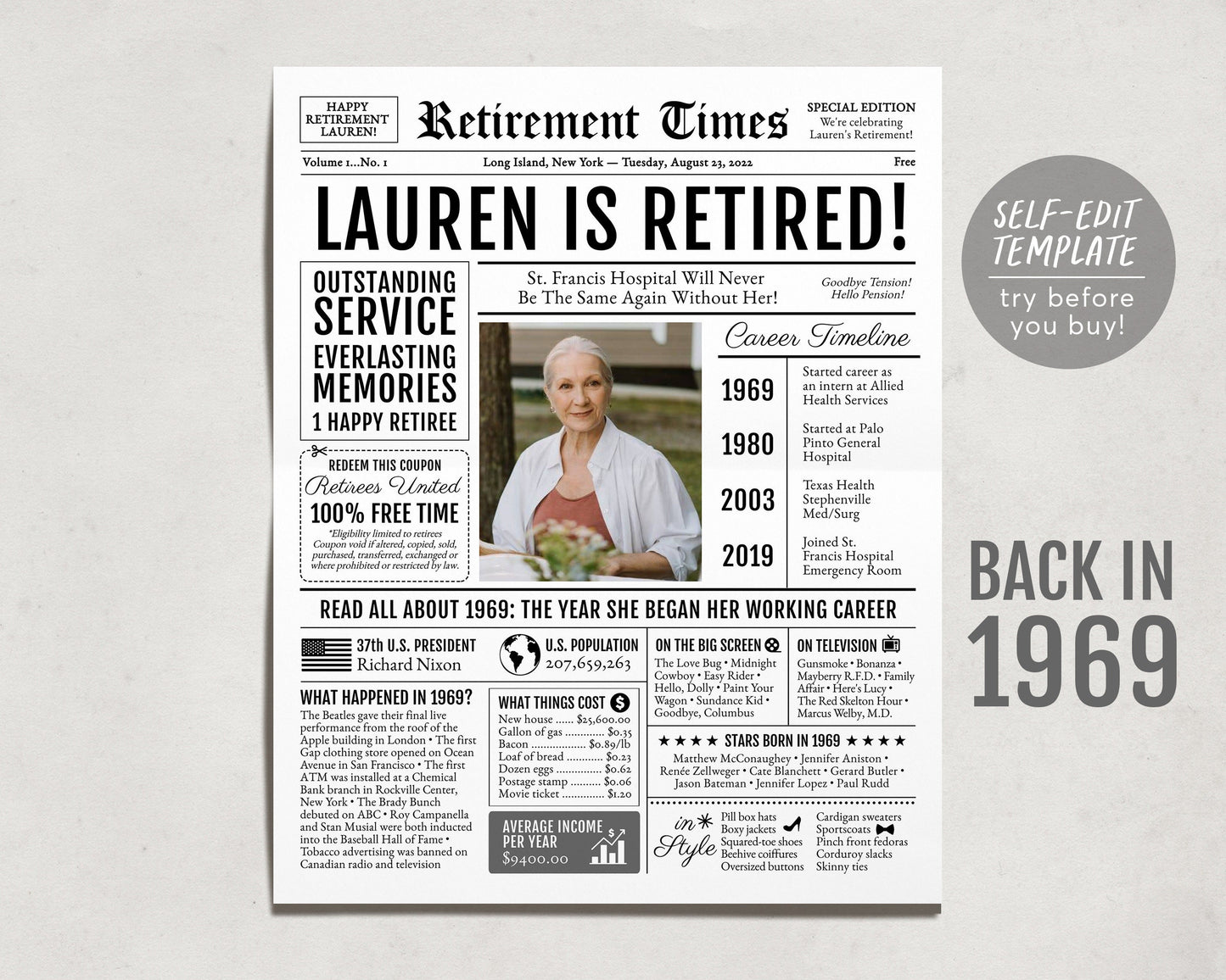 Editable Retirement Gift for Nurse Template, Retirement Gifts For Teacher, Retirement Sign for Firefighter, Newspaper Back in 1969