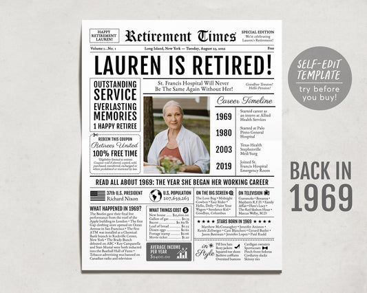 Editable Retirement Gift for Nurse Template, Retirement Gifts For Teacher, Retirement Sign for Firefighter, Newspaper Back in 1969