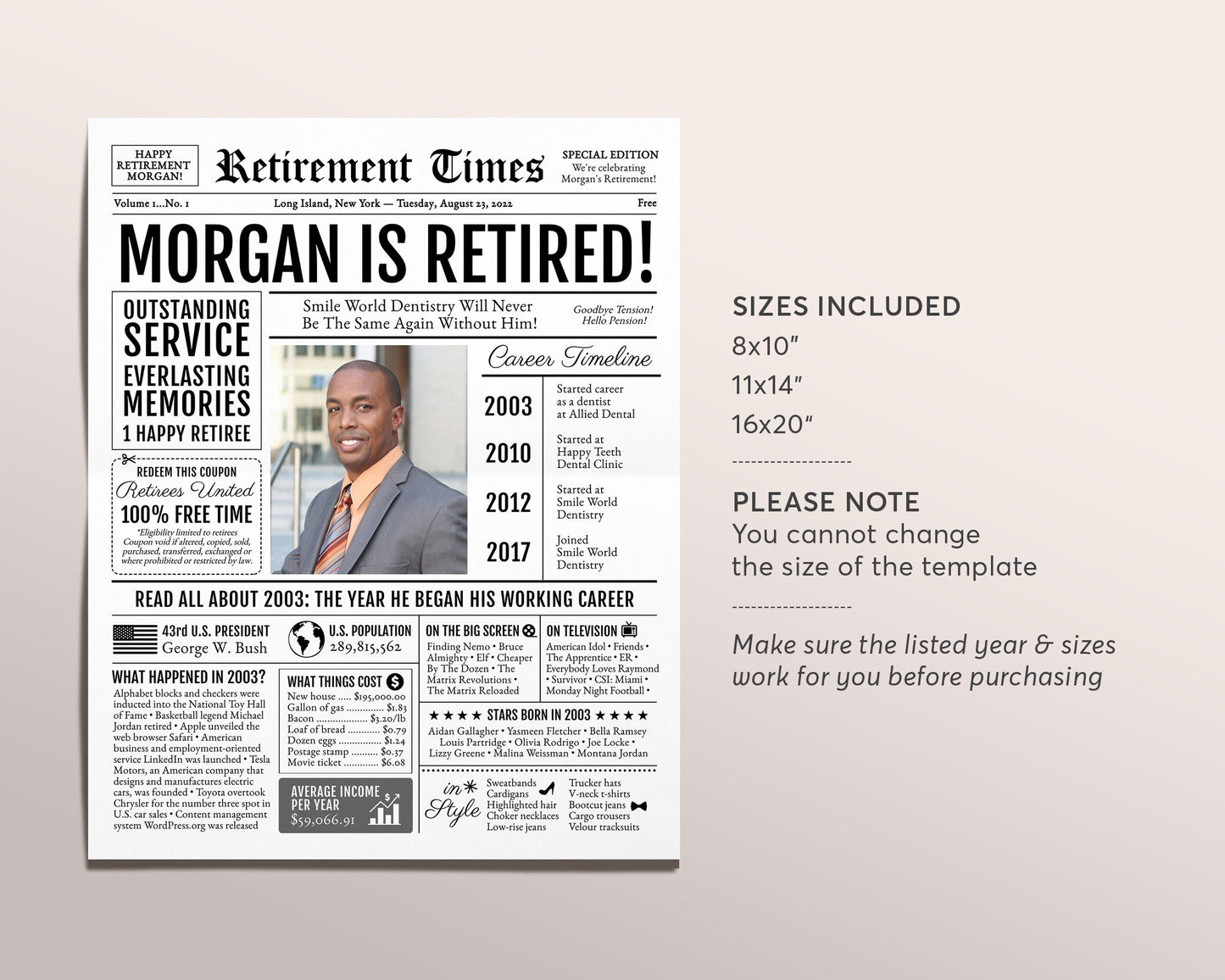 Editable Retirement Celebration Sign, Unique Newspaper Retirement Gifts for Men Women, Math Teacher Nurse Gift, History Back in 2003