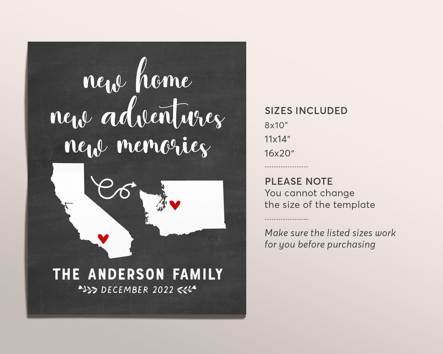 Editable New Home New Adventures New Memories Template, Family Home New Beginning Sign, Realtor Gift, Housewarming Gift, Cross Country Move