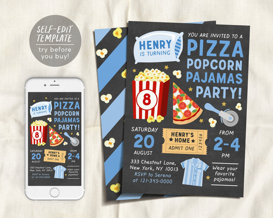 Pizza Popcorn and Pajamas Party Boy Birthday Invitation Template, Movie Party Evite, Chalkboard Slumber Party, Sleepover Birthday Digital