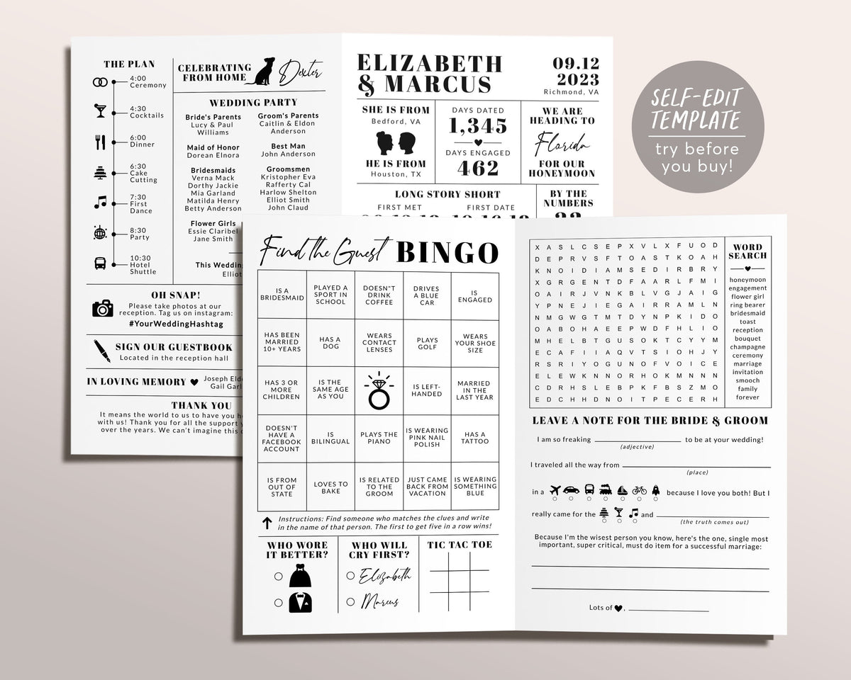 Modern Wedding Bifold Program Editable Template, Black and White Itine ...
