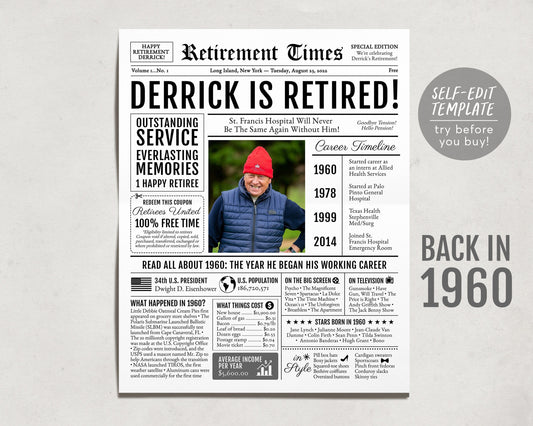 Editable Retirement Gift for Doctor Template, Retirement Gifts For Teacher, Retirement Sign for Nurses, Newspaper Back in 1960