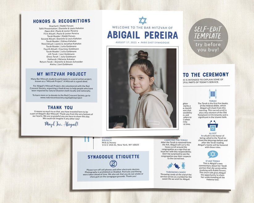 Editable Jewish Bar or Bat Mitzvah Bifold Program Infographic Template