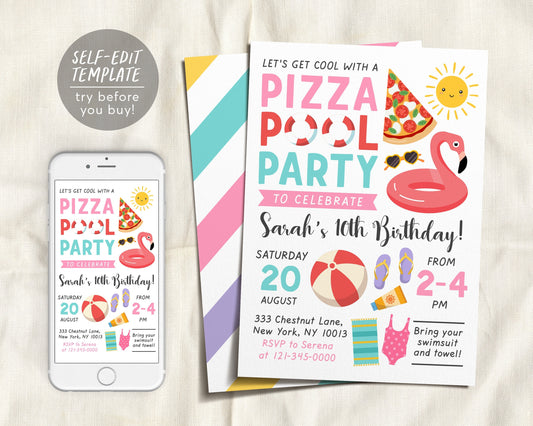 Pizza Pool Party Birthday Invitation Editable Template, Girl Swimming Summer Themed Evite, Pizza Party Bash Splish Splash Digital Invitation