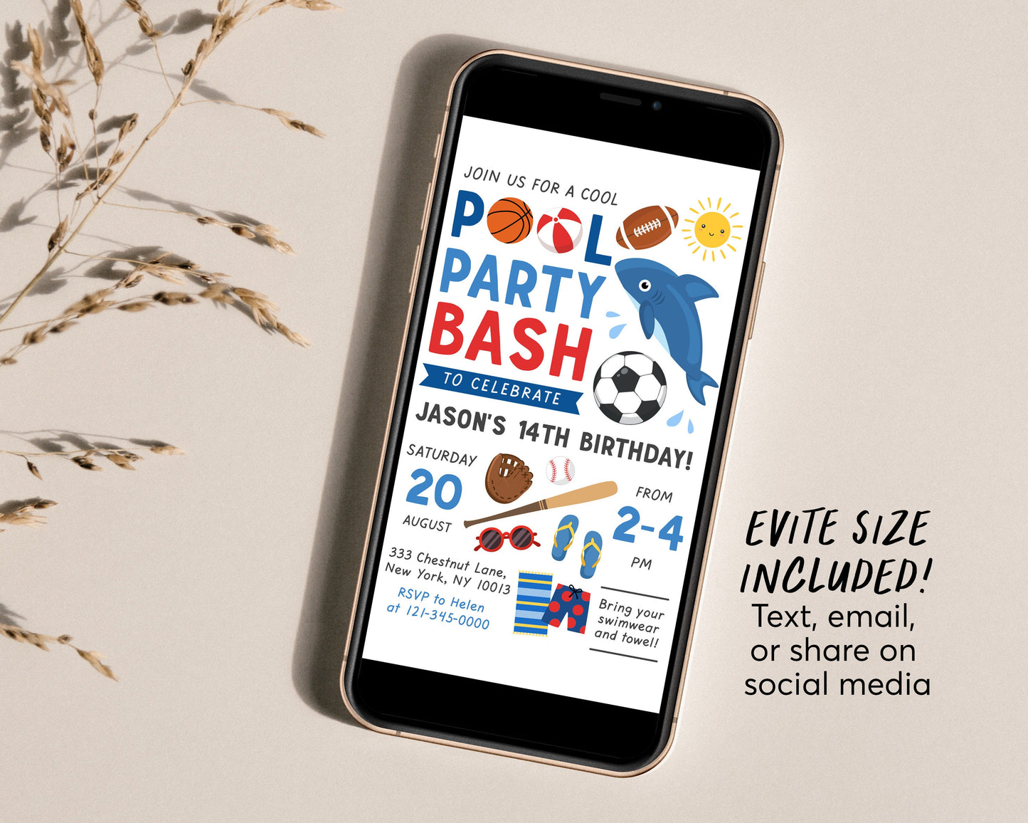 Sports Pool Party Invitation Editable Template, Basketball Football Baseball Swimming Themed Boys Summer Pool Birthday, Pool Bash Text Evite