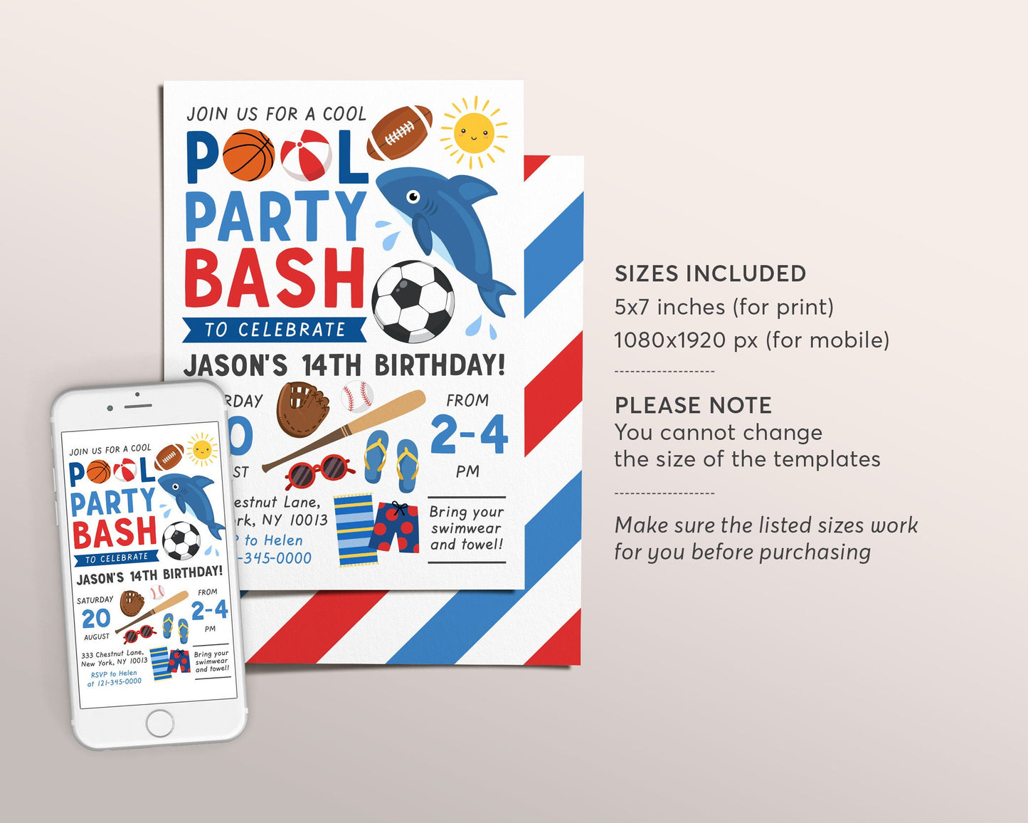 Sports Pool Party Invitation Editable Template, Basketball Football Baseball Swimming Themed Boys Summer Pool Birthday, Pool Bash Text Evite