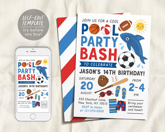 Sports Pool Party Invitation Editable Template, Basketball Football Baseball Swimming Themed Boys Summer Pool Birthday, Pool Bash Text Evite