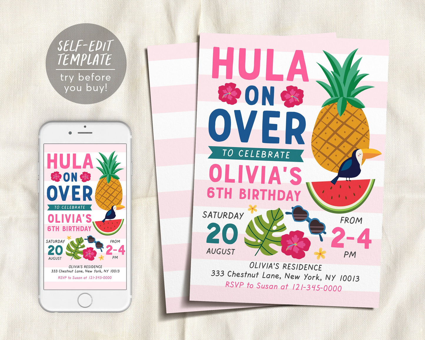 Hawaiian Luau Pineapple Hula On Over Party Invitation Editable Template, Hawaii Tropical Summer Tiki Pool Themed Birthday Bash Invite Girls