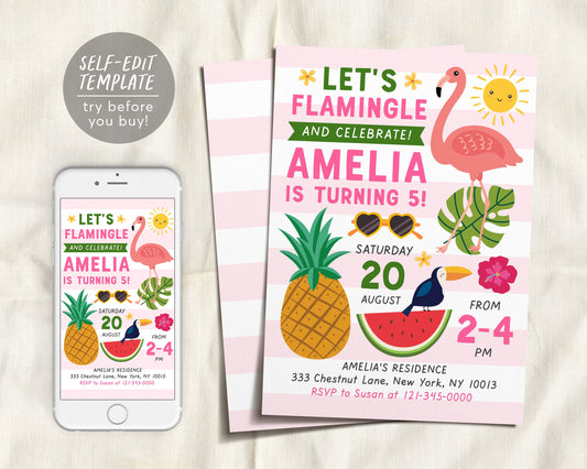 Flamingo Party Invitation Editable Template, Let's Flamingle, Hawaiian Hawaii Luau Pineapple Tropical Summer Tiki Pool Birthday Invite Girls