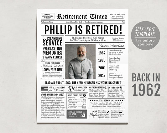 Editable Retirement Gift for Pharmacist Template, Retirement Gifts For Teacher, Retirement Sign for Editors, Newspaper Back in 1962