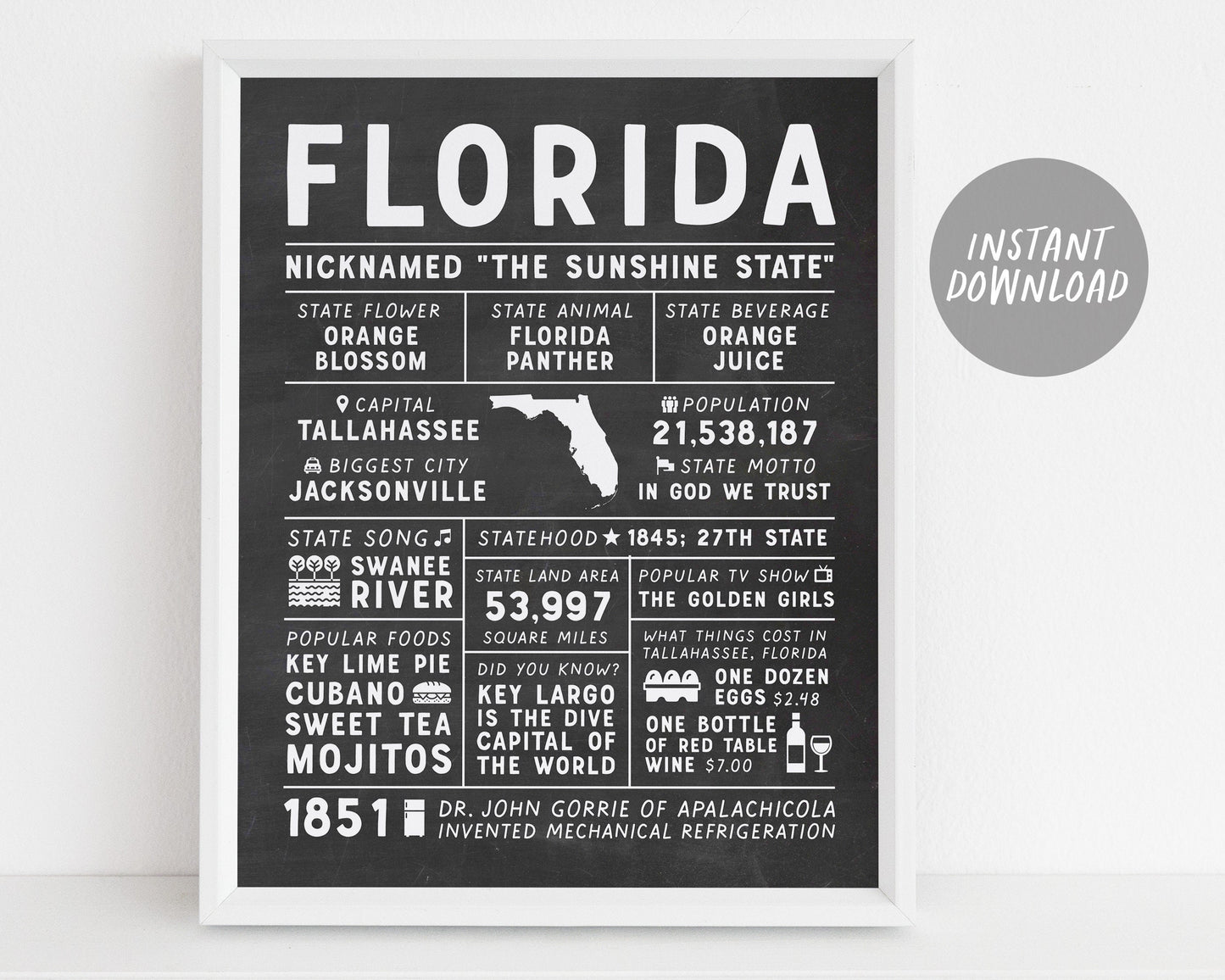 Florida State Wall Art Sign Poster Infographic, Chalkboard Florida Map, Tallahassee, US States, Men's Gift, State Facts, Housewarming Gift