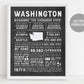 Washington State Wall Art Sign Poster Infographic, Chalkboard Washington Map, Seattle Olympia, US States, State Facts, Going Away Gift