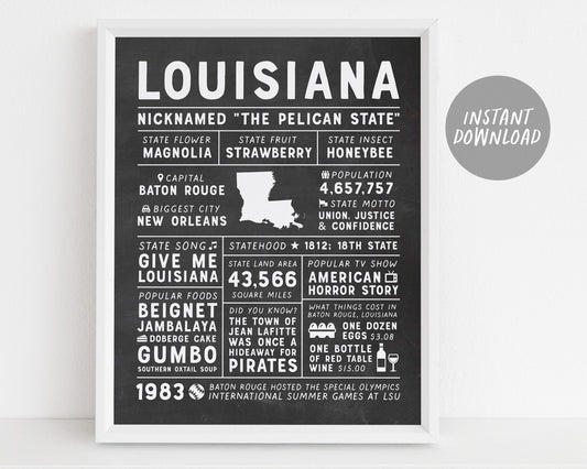 Louisiana State Wall Art Sign Poster Infographic, Chalkboard Louisiana Map, New Orleans, US States, State Facts, Going Away Gifts for Men