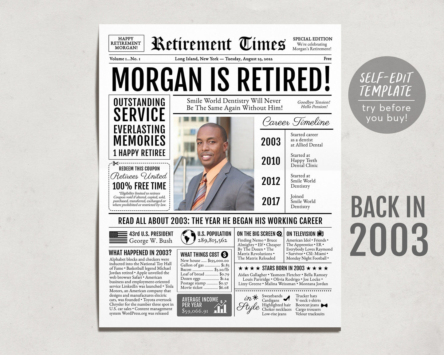 Editable Retirement Celebration Sign, Unique Newspaper Retirement Gifts for Men Women, Math Teacher Nurse Gift, History Back in 2003