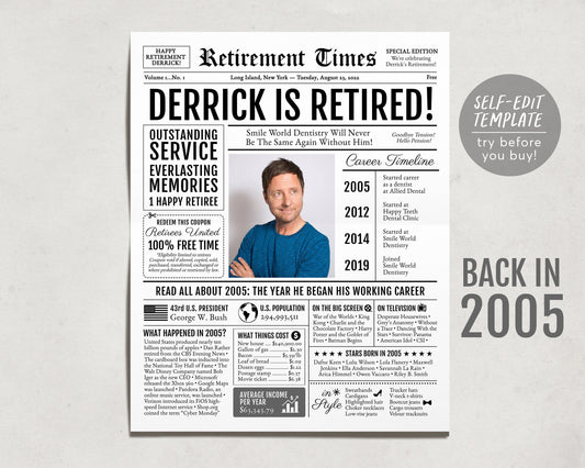 Editable Retirement Celebration Sign, Unique Newspaper Retirement Gifts for Men Women, Math Teacher Nurse Gift, History Back in 2005