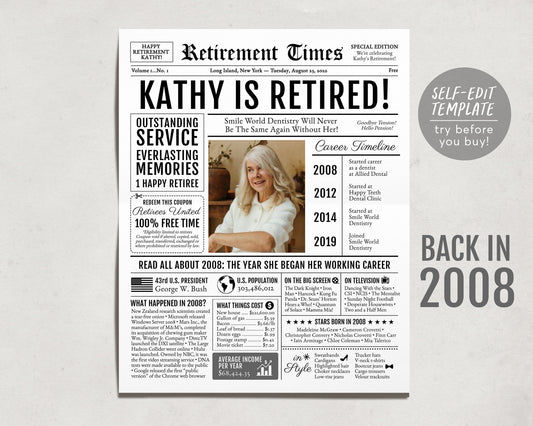 Editable Retirement Celebration Sign, Unique Newspaper Retirement Gifts for Men Women, Dental Hygienist Nurse Gift, History Back in 2008