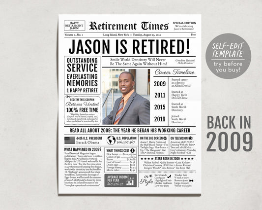 Editable Retirement Celebration Sign, Unique Newspaper Retirement Gifts for Men Women, Dentist Teacher Nurse Gift, History Back in 2009