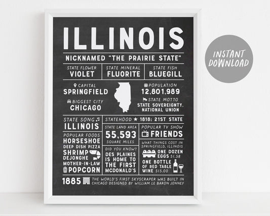 Illinois State Wall Art Sign Poster Infographic, Chalkboard Illinois Map, Chicago Springfield, US States, State Facts, Gift for Dad