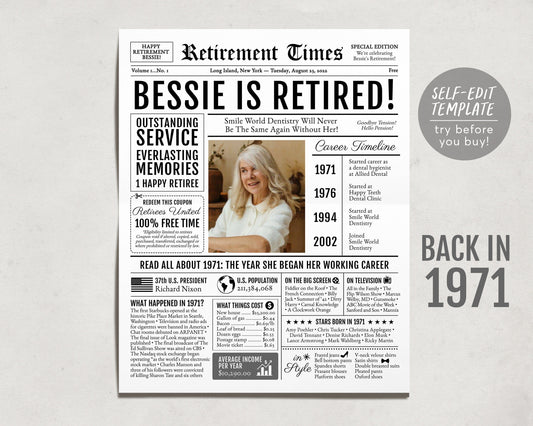 Editable Retirement Gift for Administrative Assistant Template, Retirement Gifts For Architect, Retirement Sign, Newspaper Back in 1971