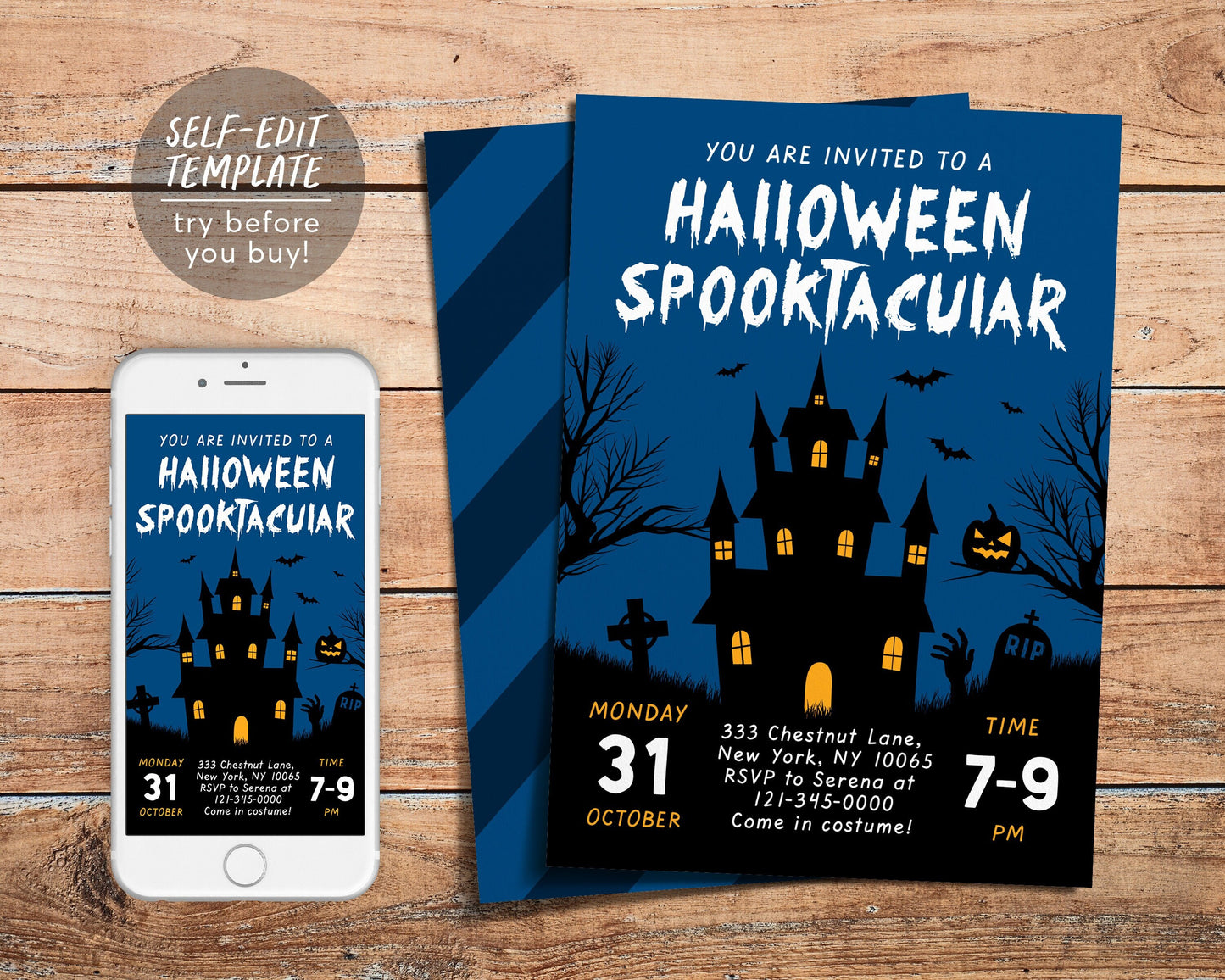 Editable Kids Halloween Invitation Template, Spooktacular Halloween Costume Party Invite, Trick Or Treat Spooky Haunted Castle Ghost Bat