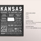 Kansas State Wall Art Sign Poster Infographic, Chalkboard Kansas Map, Topeka Wichita, US States, State Facts, Gift for Men Husband Brother