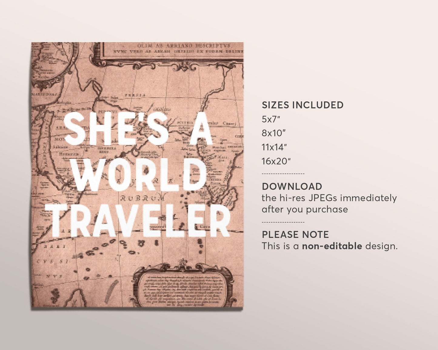 Travel Quote Art Decor, She’s A World Traveler, Backpacker Gift For Her Women Girlfriend Female, Wanderlust Print Map, Instant Download