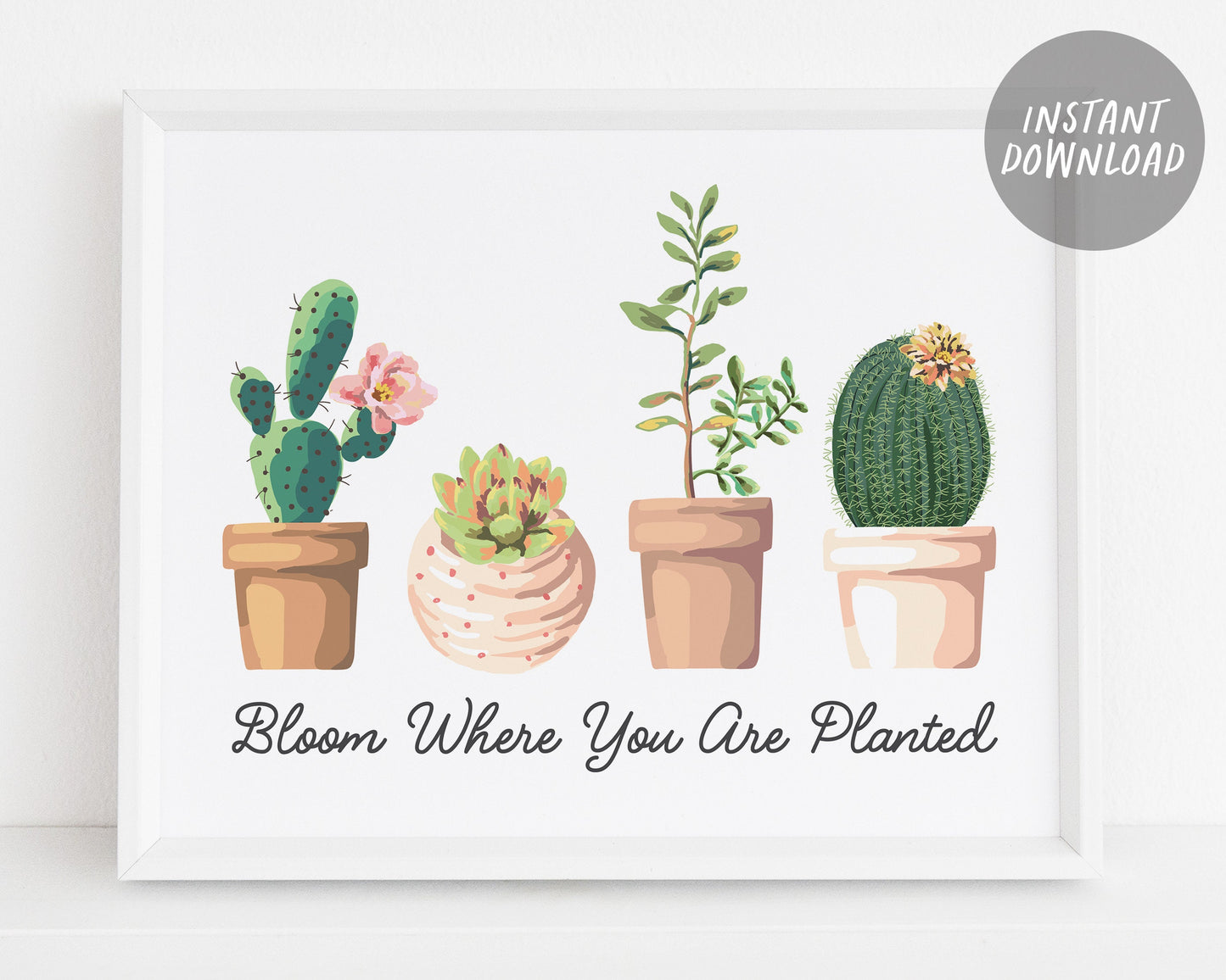 Bloom Where You Are Planted Quote, Inspirational Succulent Wreath Print, Botanical Cactus Mexico Boho Plant Wall Art Decor, Instant Download