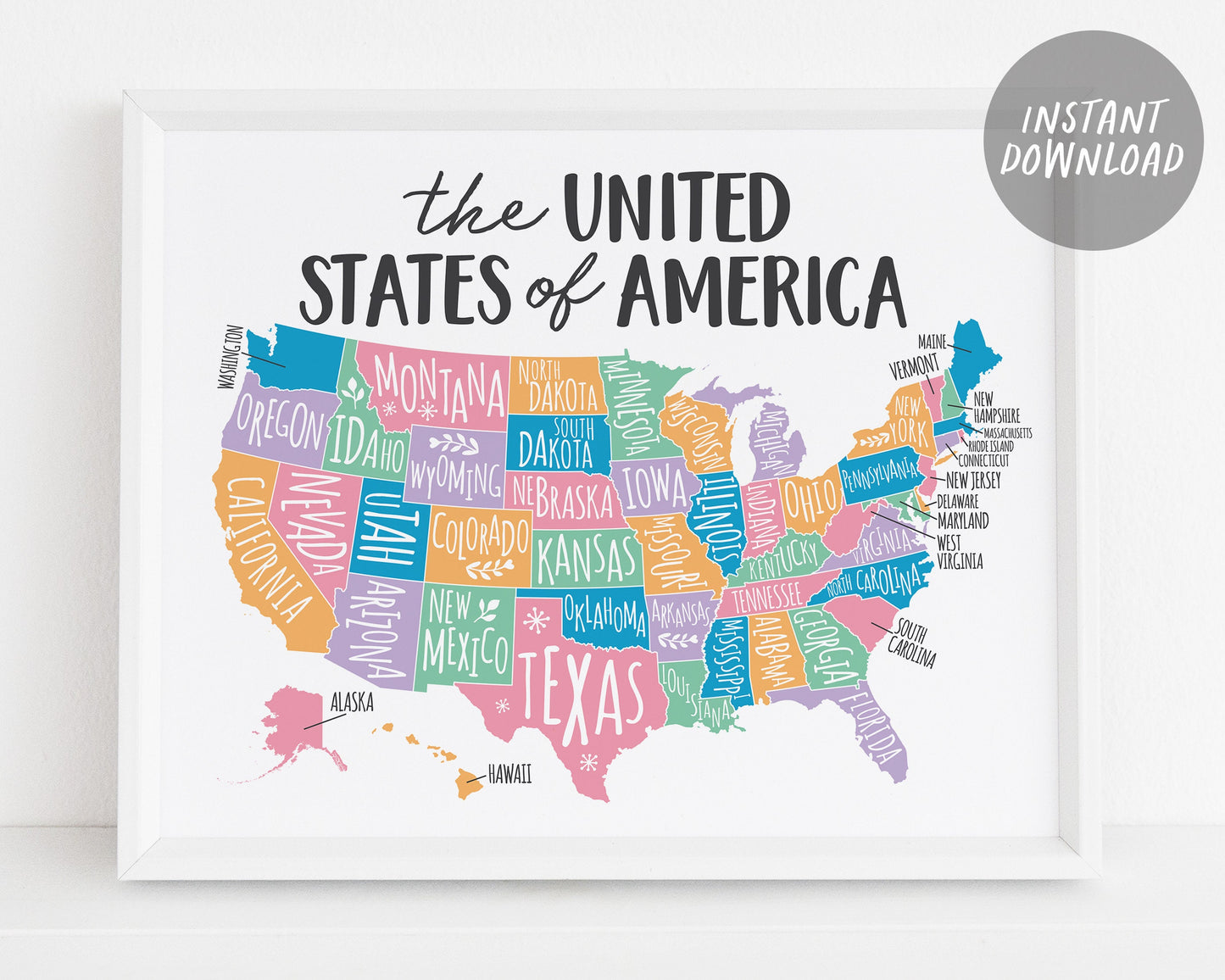 United States Of America Map, USA Map Wall Art for School Homeschool Classroom Decor Nursery Kids Room, Typography USA Map Coloring Page