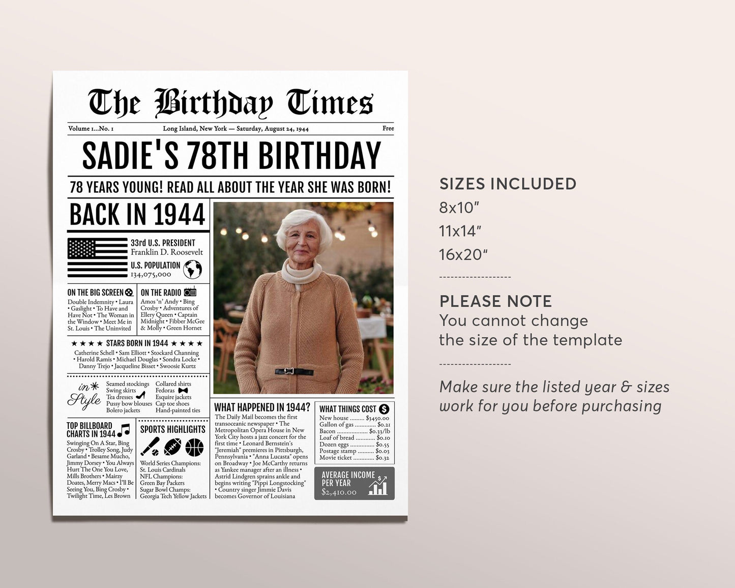 Back in 1944 Birthday Newspaper Editable Template, 79 80 81 Years Ago, 79th 80th 81st Birthday Sign Decorations Decor for Men or Women