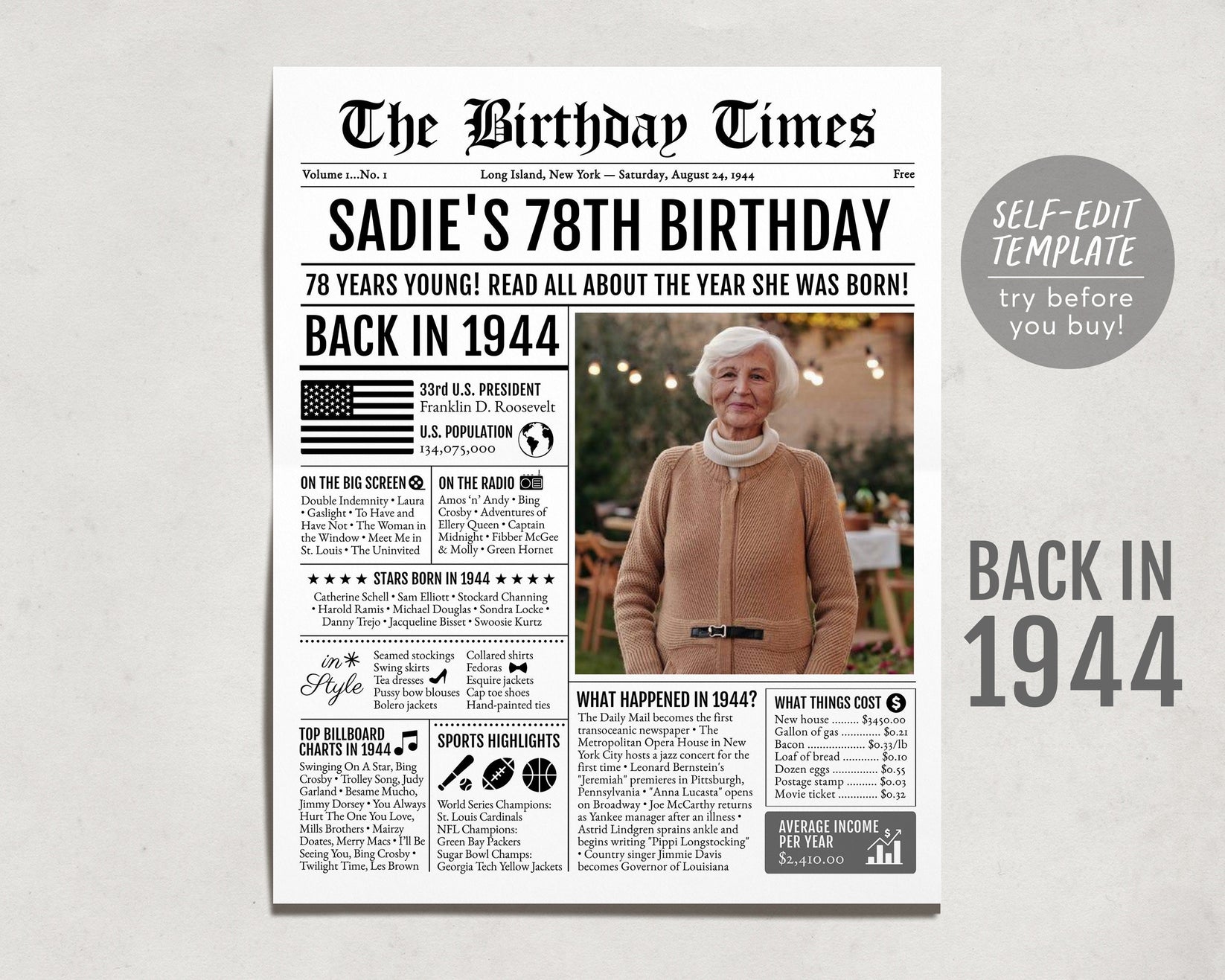 Back in 1944 Birthday Newspaper Editable Template, 79 80 81 Years Ago, Puff Paper Co