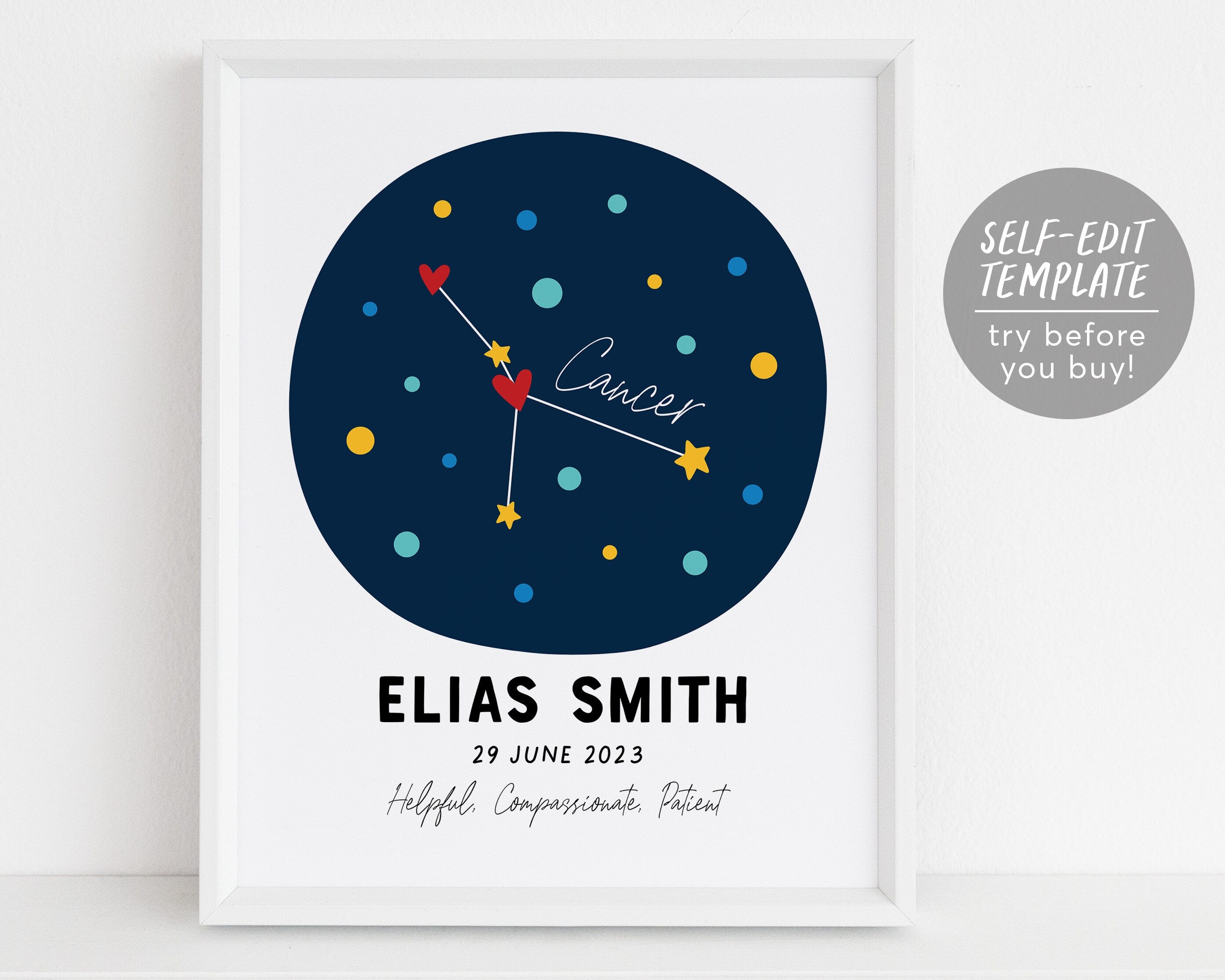 Cancer Zodiac New Baby Gift Editable Template Astrological Star Sign Constellation Art Print Astrology Nursery Wall Decor Printable